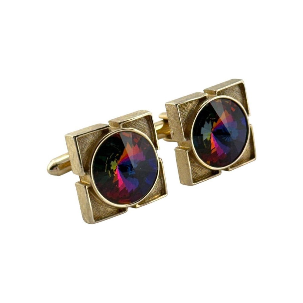 Rivoli Glass Multicolor Cufflinks Vintage Shields in Square Gold Tone Setting